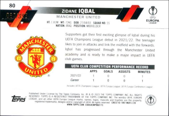 Zidane Iqbal 2022/23 Topps Chrome Club Competitions #80 xx/399