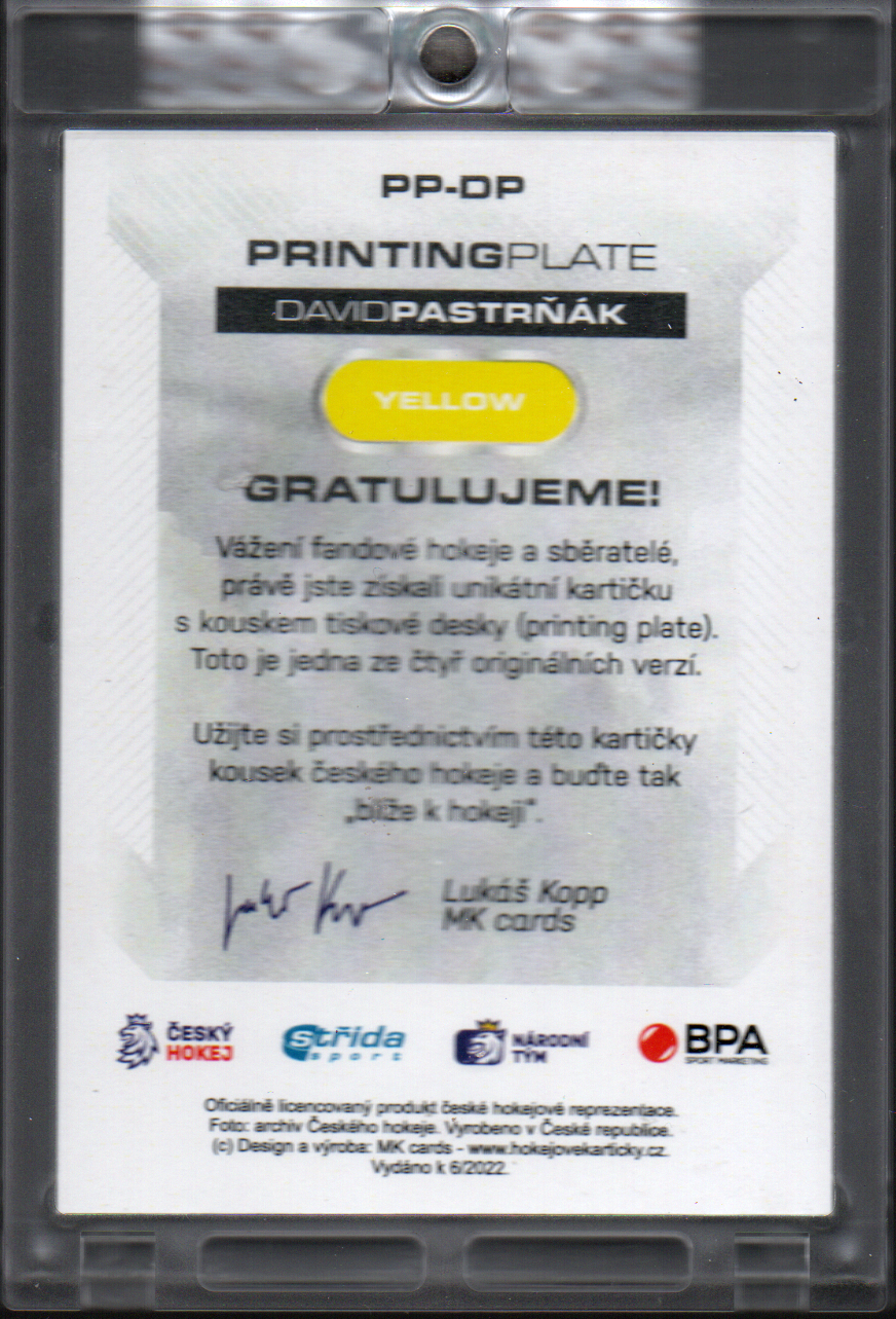 David Pastrňák MK Cards 2022/23 GAMERS Printing Plate Yellow 1 OF 1