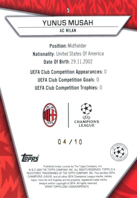 Yunus Musah 2023/24 Topps Superstars Iconic xx/10 #5